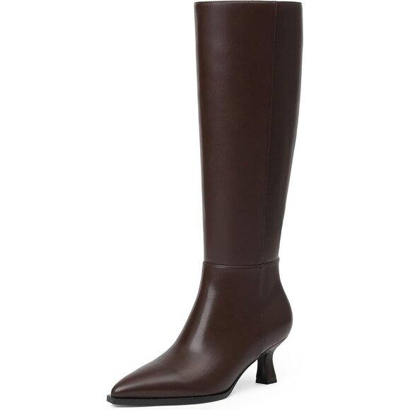 Shoes - Women's Chocolate Pu Kitten Low Heel Toe Side Zipper Long Tall Knee High Boots